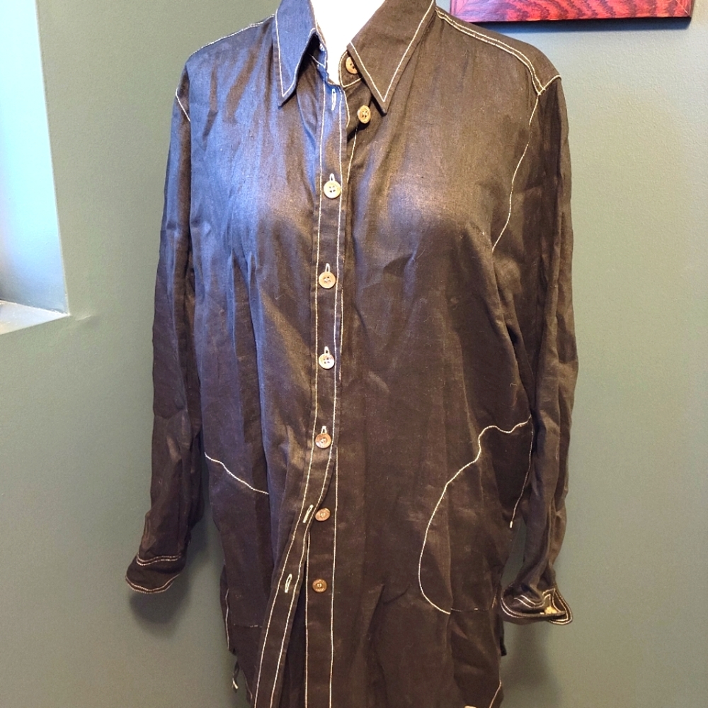 Vintage 80s escada sport button up black and white linen tunic medium